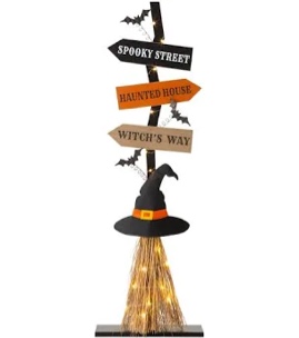 42"H Lighted Wooden Witch's Broom Porch Decor