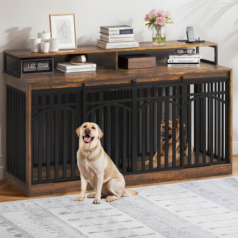 71'' double dog crate heavy duty wooden dog kennel furniture with power outlets