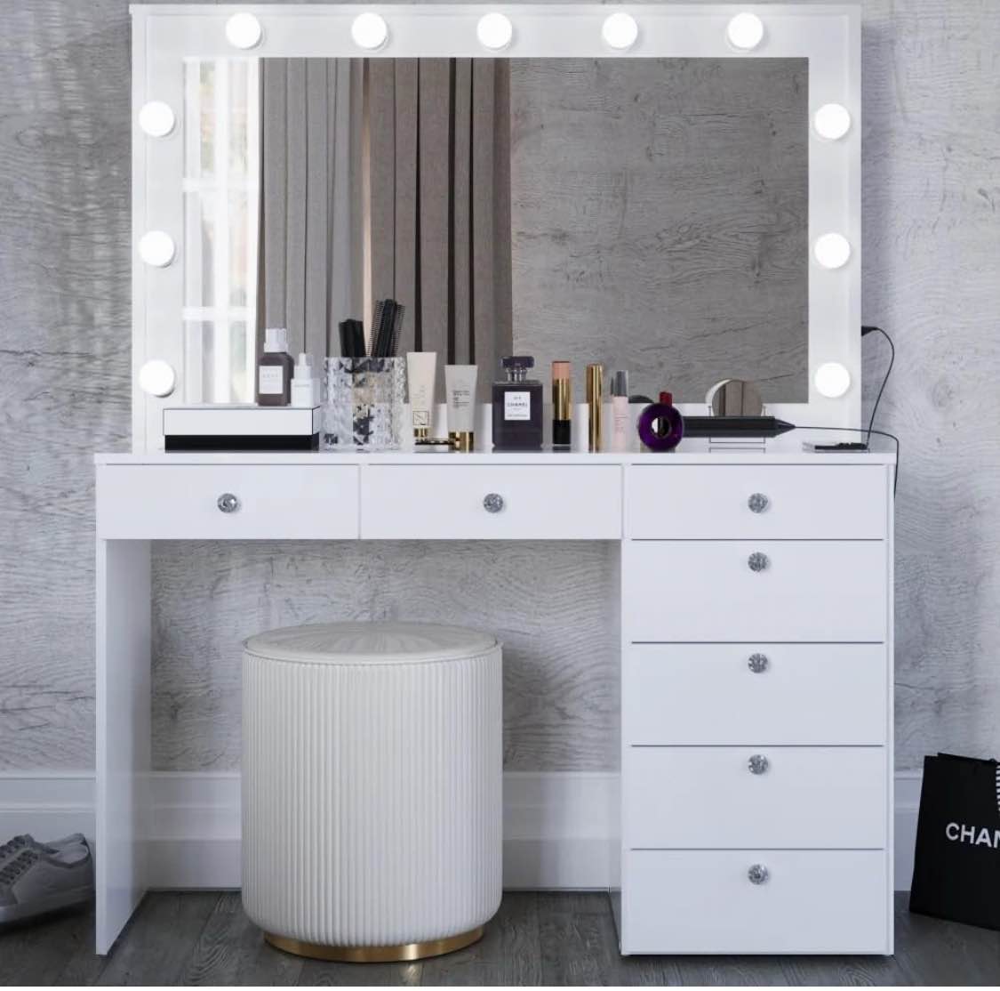 Boahaus Serena Large Makeup Vanity with Hollywood Lights Built-in, 7 Drawers, Wide Hollywood Mirror, Glam Glass Top, White Vanity Makeup Desk for Bedroom, 58.2'' Hx47.3'' Wx16.9'' D