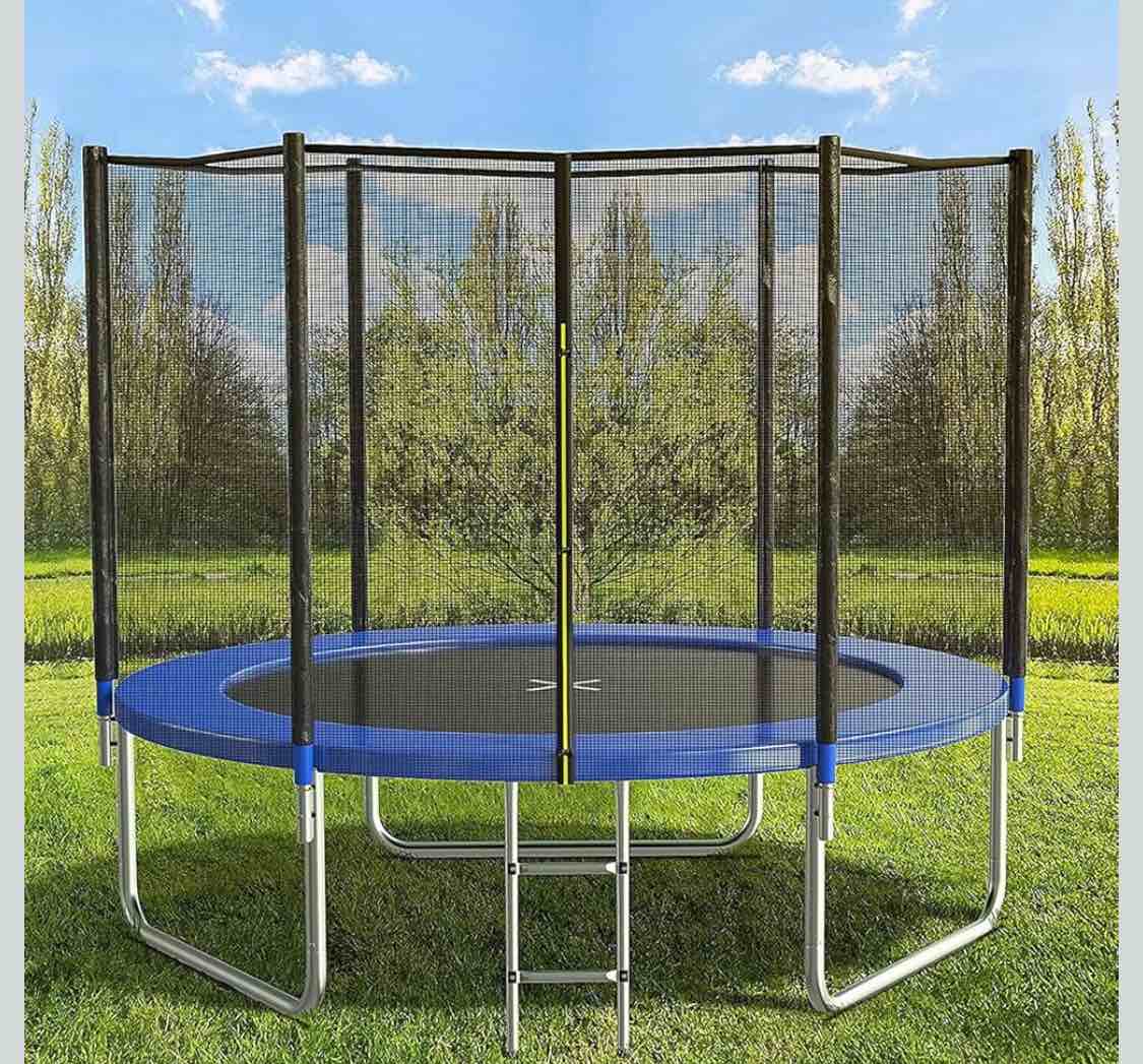 AOTOB 8FT Trampoline with Safety Enclosure Net?Outdoor Trampoline with Basketball Hoop, Heavy Duty Jumping Mat and Spring Cover Padding for Kids and Adults, Storage Bag and Ladder
