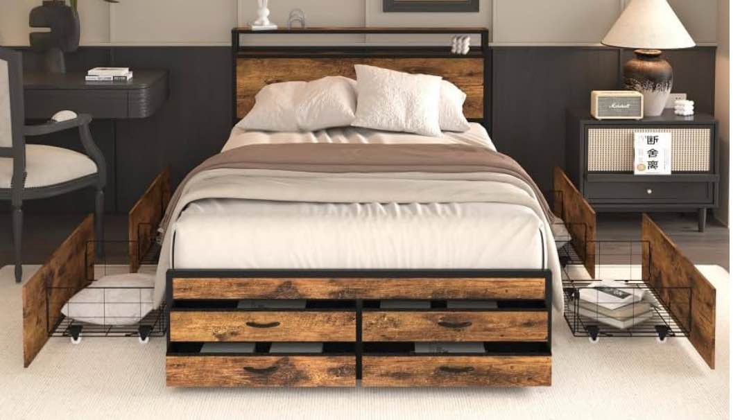 Full Size Bed Frame with 8 Storage Drawers, LED Headboard with Charging Station, Metal Platform Bed Frame, No Box Spring Needed, Noise-Free, Stable and Solid, Brown