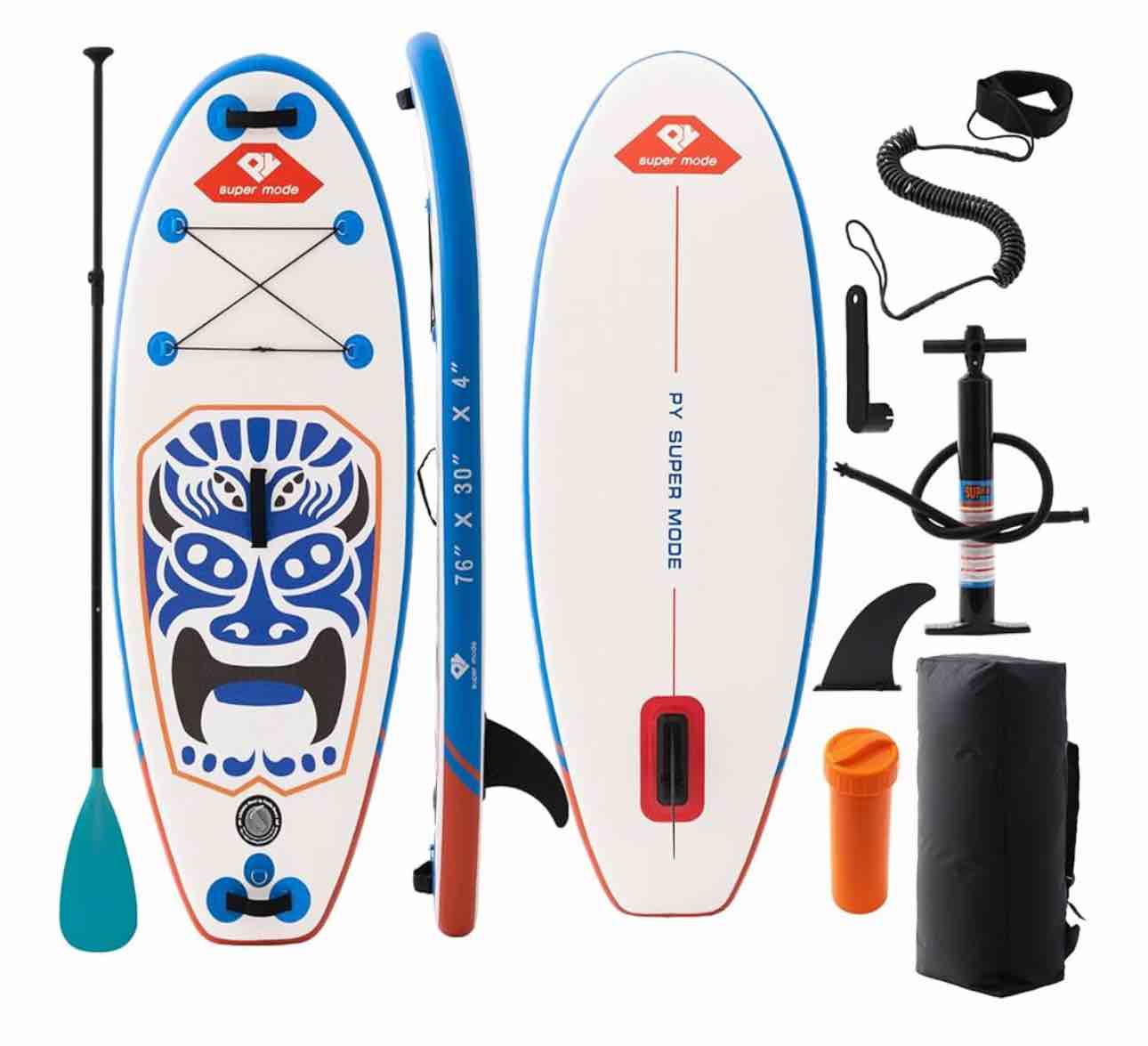 inflatable stand up paddle board with premium sup accessories - backpack, adjustable paddle, non-slip deck, hand pump, leash, fins, waterproof bag ( used)