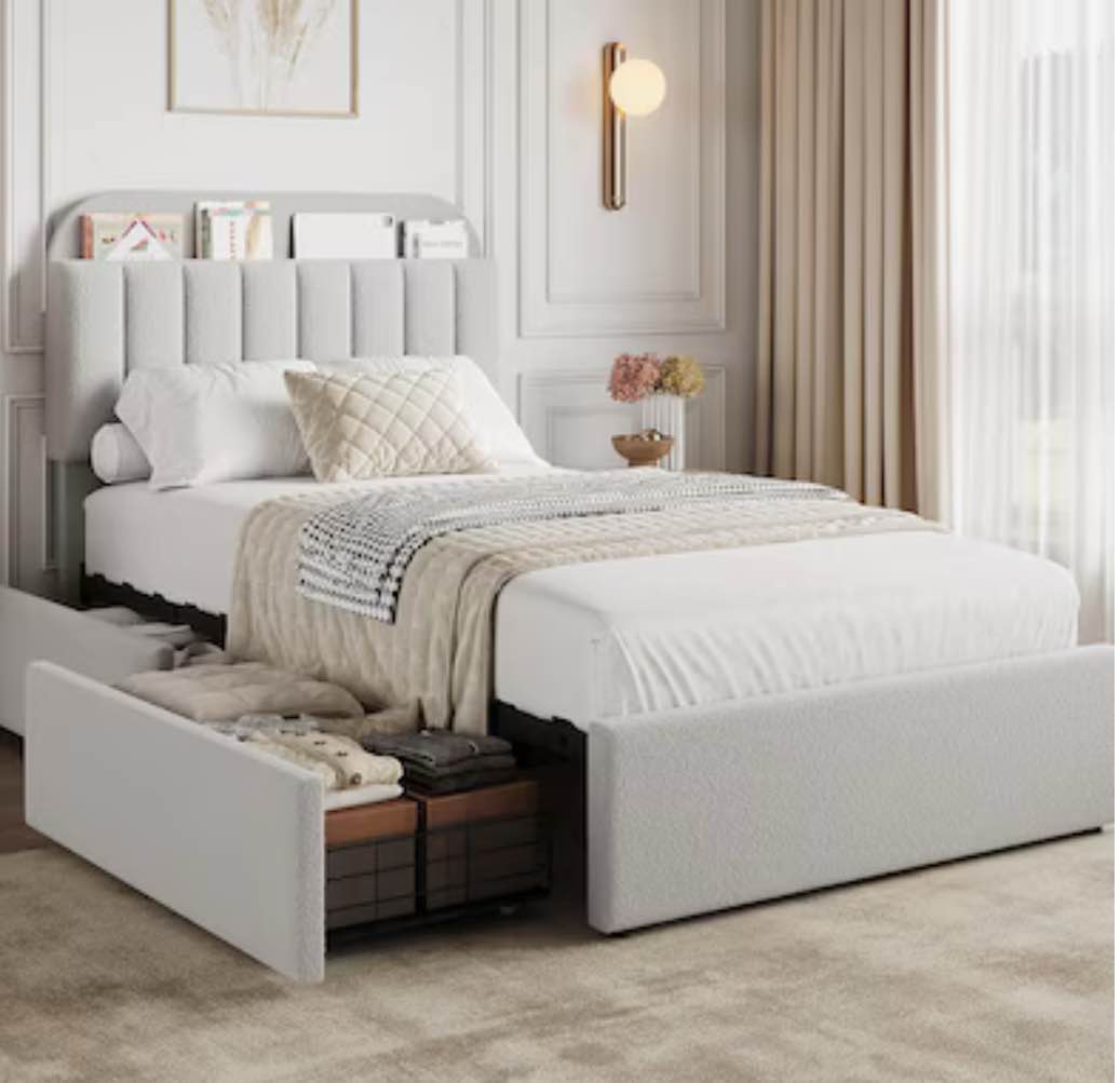 Twin Bed Frame for Kids Boucle Upholstered Platform Bed for Boys/Girls with