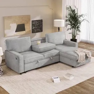 finkle 89 inch upholstery sleeper sectional sofa with storage chaise, sleeper sofa bed with usb port, 2 cup holders on back cushions (box 1 of 3 only)