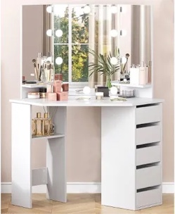 modern corner makeup vanity set with mirror and cabinets