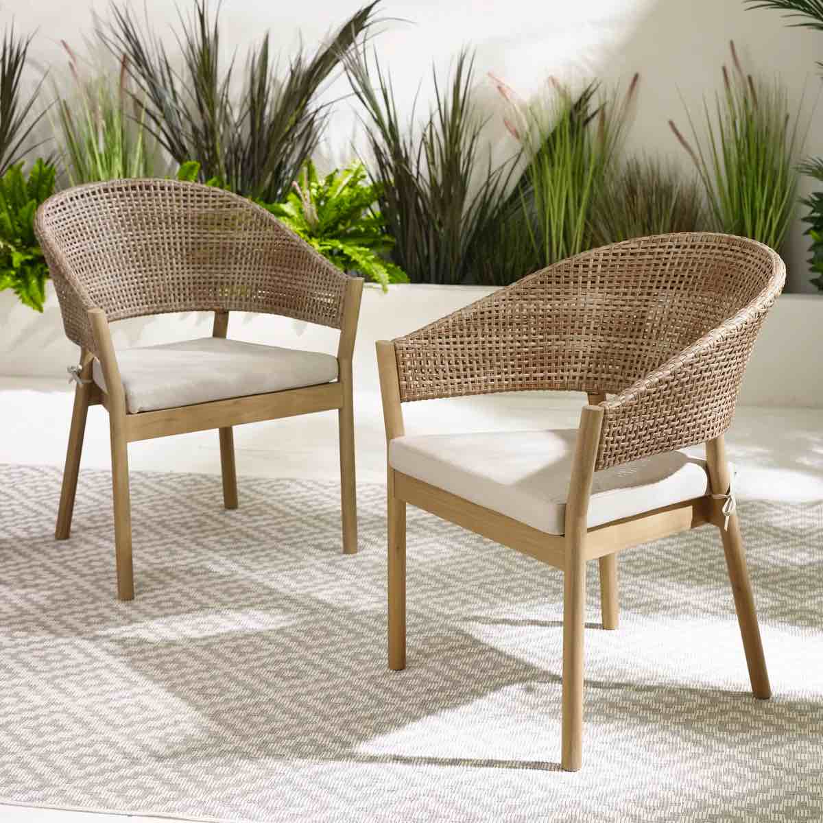 Ava Pair of Wood And Wicker Outdoor Dining Chairs - Natural Soild Wood For Modern Garden