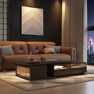 derozil  69'' extendable coffee table with storage drawes, sensor lights and glass door(missing a box) 