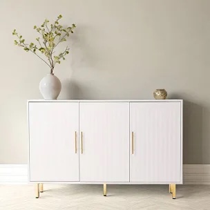 55" White Fluted Buffet Cabinet – Gold Accent Storage with 180lb Capacity