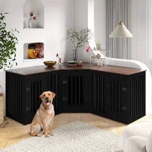 Large Dog Crate Furniture for 3 Dogs, Corner Dog Crate with Lockable Doors, Dog Kennel Crate Cage