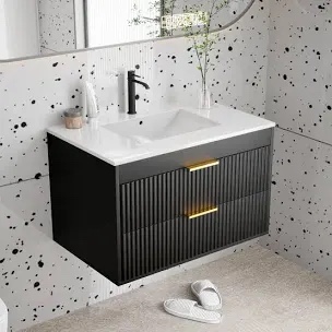 30 Inch Wall Mounted Single Bathroom Vanity With Ceramic Sink Top, Black Floating Cabinet With 2 Drawers(does not come with sink) 