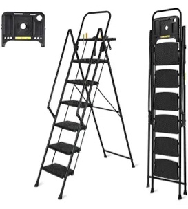 6 Step Stool,Metal Ladder,Folding Step Ladder with Tool Platform, Library Ladder,Decorative Kitchen Step Ladder