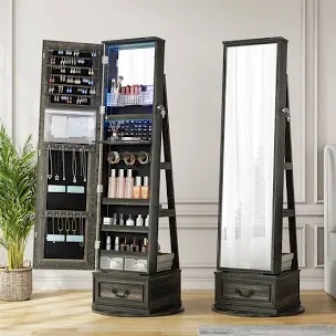 Jewelry Armoire Cabinet With Mirror, Led Lights, Rotating Storage Shelves, And Lockable Design