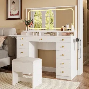 46’’ L Large Modern Style Makeup Vanity Desk With Mirror, LED Lights And Power Outlet, 11-Drawer Vanity Set With Stool(incomplete) 
