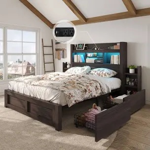 Farmhouse Bed Frame with Bookcase Headboard Queen 