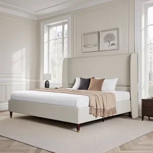 Eveline Upholstered Platform Bed Frame With High Wingback Headboard, King, Textured Ivory Canvas (Box 1 Of 2)