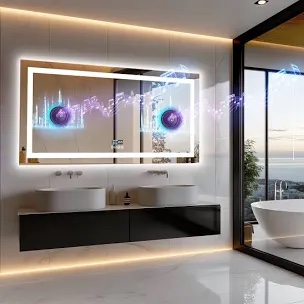 Led Bathroom Mirror With Lights, Wall-mounted With Bluetooth Speaker, Time & Date Display Anti-fog, 3 Color Temperature, Dimmable Brightness, Ip65 Waterproof, Tempered Glass, Frontlit & Backlit