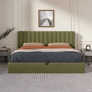 Green Daisy Lift Up Storage Platform Bed with Wingback Headboard