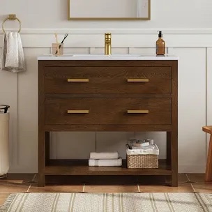 37" Walnut Single Sink Bathroom Vanity with Solid Surface Composite Top (Hardware missing)