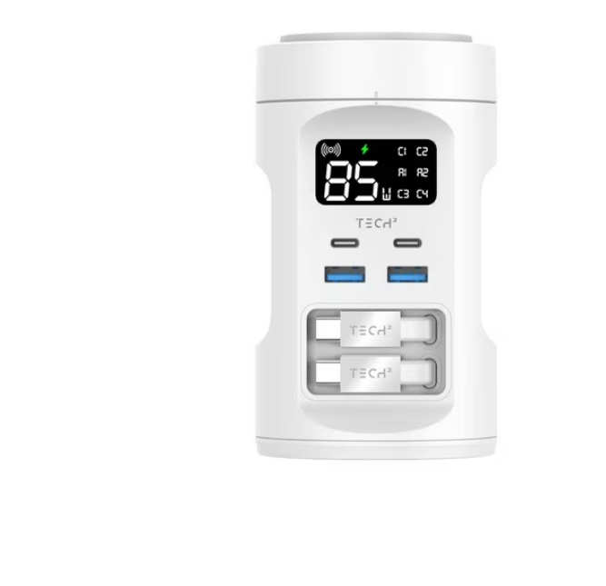 Tech Squared Power Tower with Qi2 Wireless Charging and Retractable Cords