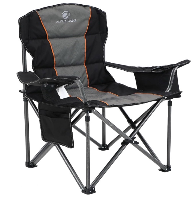 alpha camp oversized camping folding chair, heavy duty support 450 lbs steel frame collapsible padded arm chair with cup holder quad lumbar back, portable for outdoor