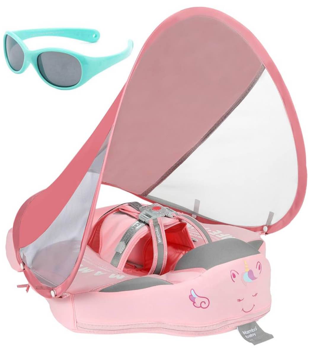 Mambobaby Float with Canopy and Tail New Upgraded Non-Inflatable Baby Pool Float Mambo Float Swim Trainer Solid Infant Swim Float Adjustable Pearl Foam Baby Swim Ring