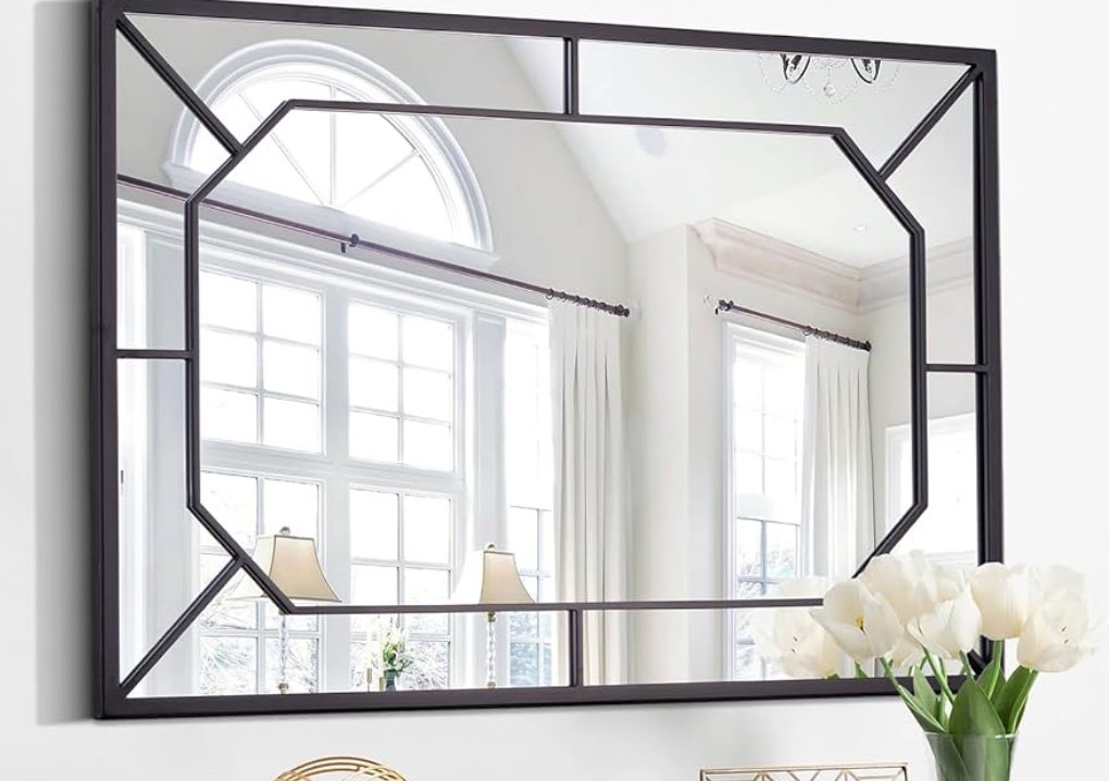 large bathroom mirror, 40"x28" black wall mirror with octagonal metal frame, modern decorative wall mirrors for entryway, living room, dining room