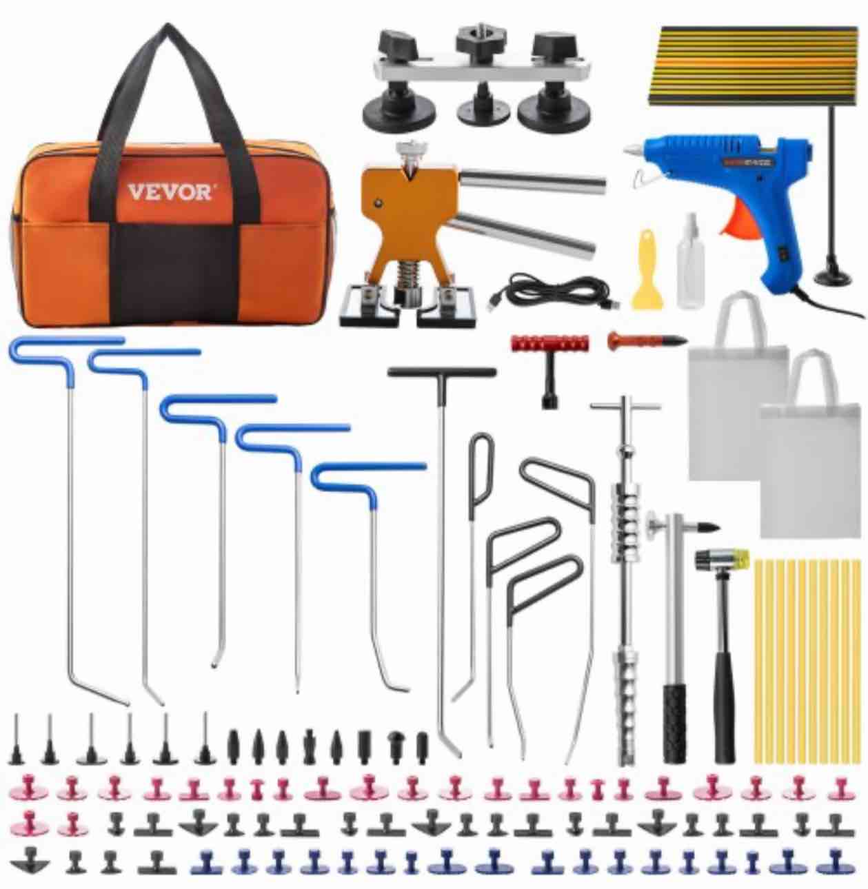VEVOR Paintless Dent Removal Rods, 89 PCS Paintless Dent Repair Tools, Golden Lifter Puller Car Dent Repair Kit, Glue Puller Tabs Dent Puller Kit for Auto Dent Removal, Minor Dents, Door Dings
