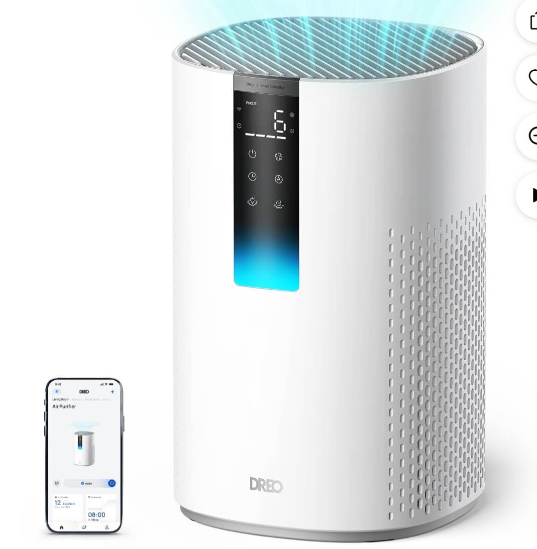 dreo hepa air purifier for large room up to 1600 sq.ft/2h, smart purificador for allergies and asthma, remove 99.97% pet hair, 5-stage filter with pm2.5 air quality display, 18w dc motor energy-save