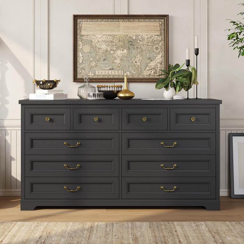 Farmhouse Dresser With 10 Drawers For Bedroom, Wide Dresser Chest Of Drawers, Rustic Wood Storage Dresser With Deep Drawers And Vintage Handle, Large Dresser For Bedroom, Closet, Hallway