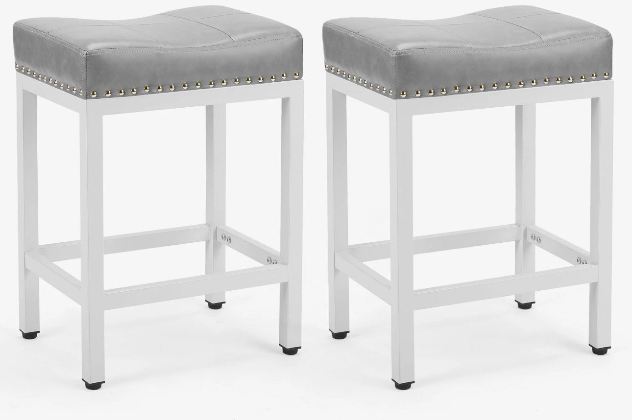 concetta set of 2 bar stools - 24" counter height, metal base & pu leather seats, gray