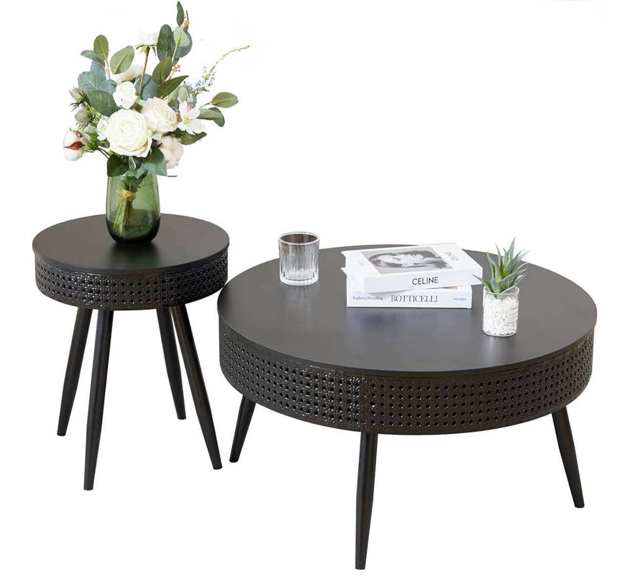 Modern Farmhouse Round End Table Set of 2,Iron Rattan Coffee Table with Hidden Storage Basket,29.1” Nesting Side Table for Living Room,Balcony,Patio,Swimming Pool (Black)