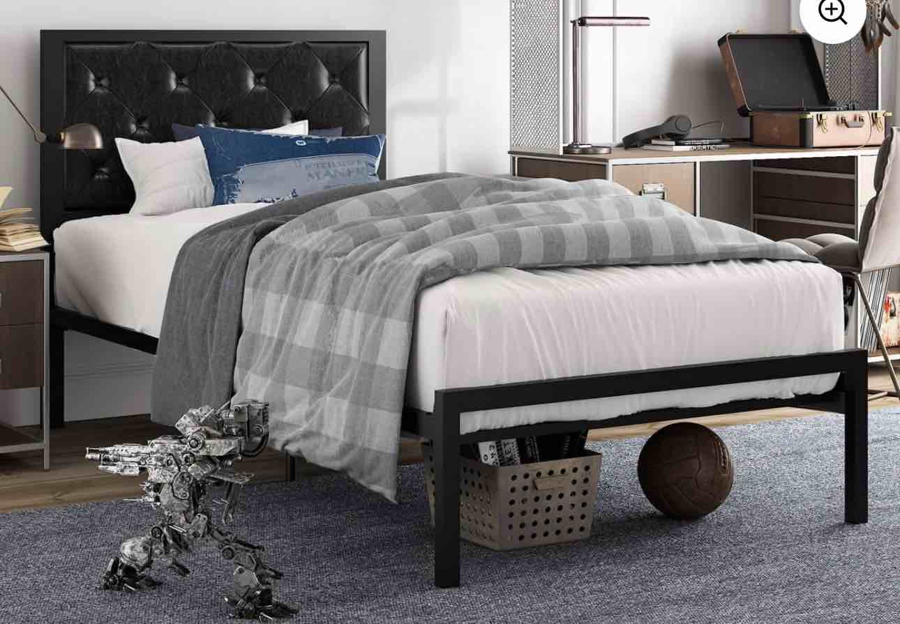 amolife twin size metal bed frame with faux leather upholstered headboard, black