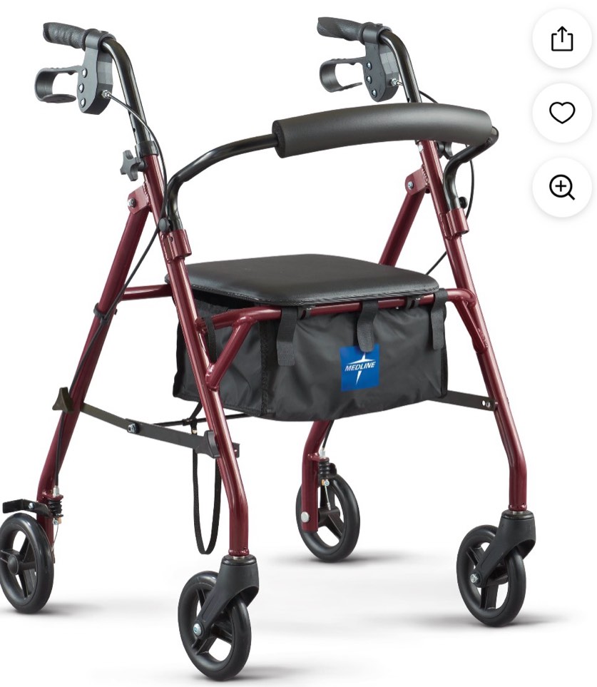 Medline Steel Rollator Walker with Seat for Seniors, Foldable, Burgundy