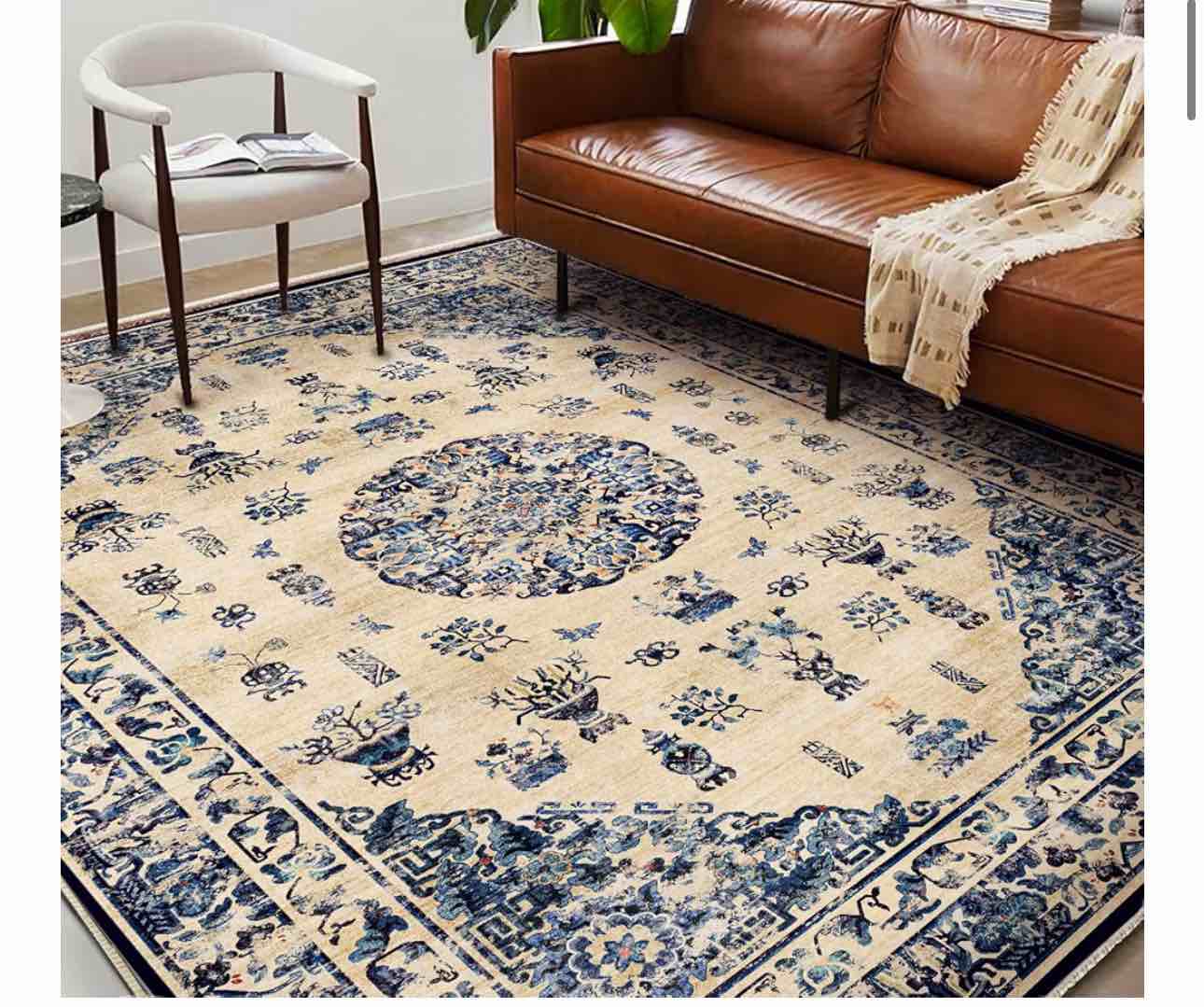 Washable Area Rug 9'x12' Retro Boho Design Non-Shedding Easy Care Ideal for High Traffic Areas in Living Room Bedroom Office Coffee Table Kitchen Large Carpet