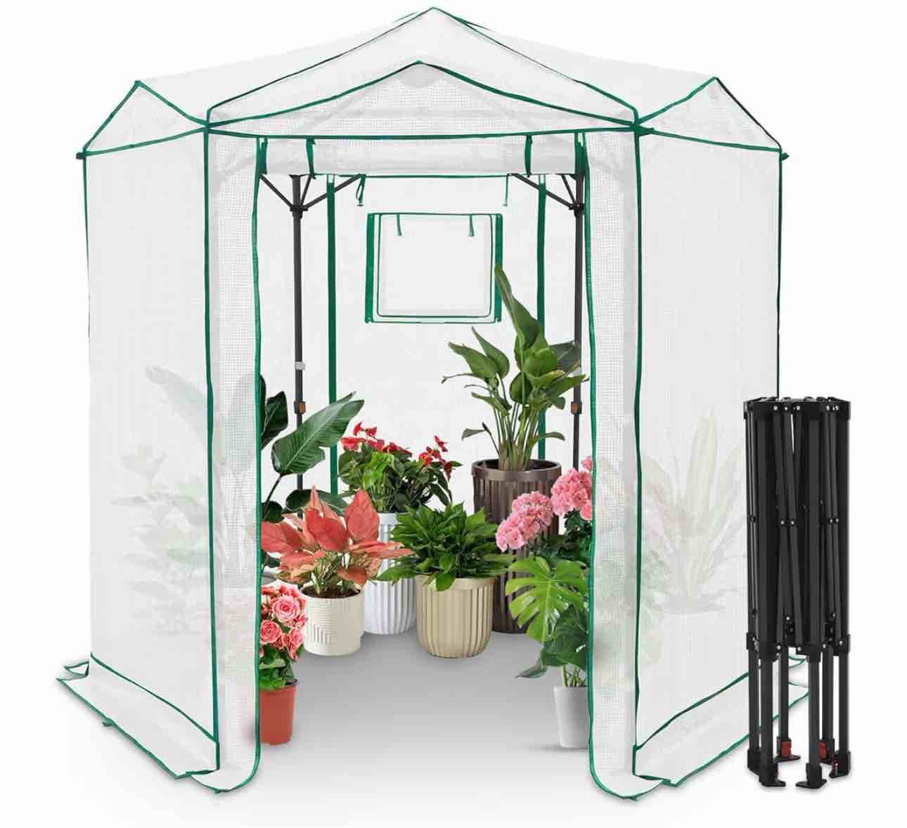 EAGLE PEAK Instant Pop-up Greenhouse, Indoor Outdoor Plant Gardening Green House, Roll-Up Zipper Doors and Side Windows, Heavy Duty Walk in 8x6 ft, Woven PE Top, White