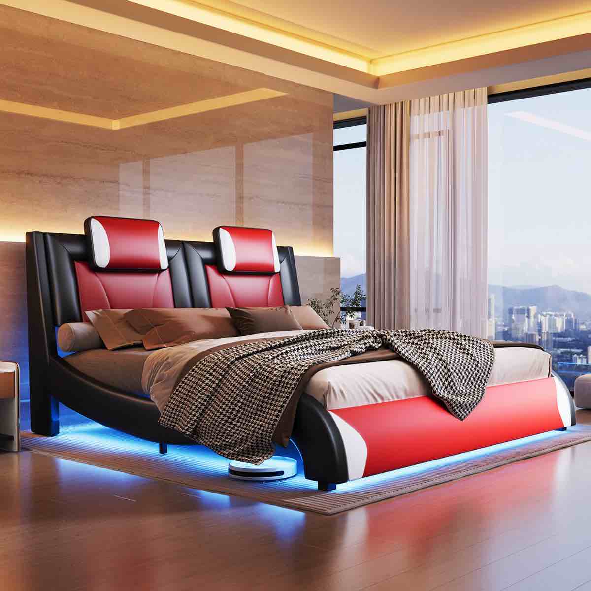 Floating Bed Frame with LED Lights, Modern Faux Leather Upholstered Platform Bed