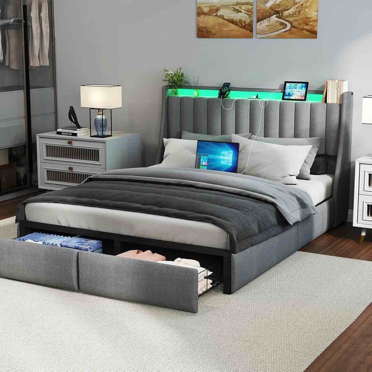 Oneita Upholstered LED Bed Frame with 2 Drawers, Bed with Storage Headboard and Charging Station