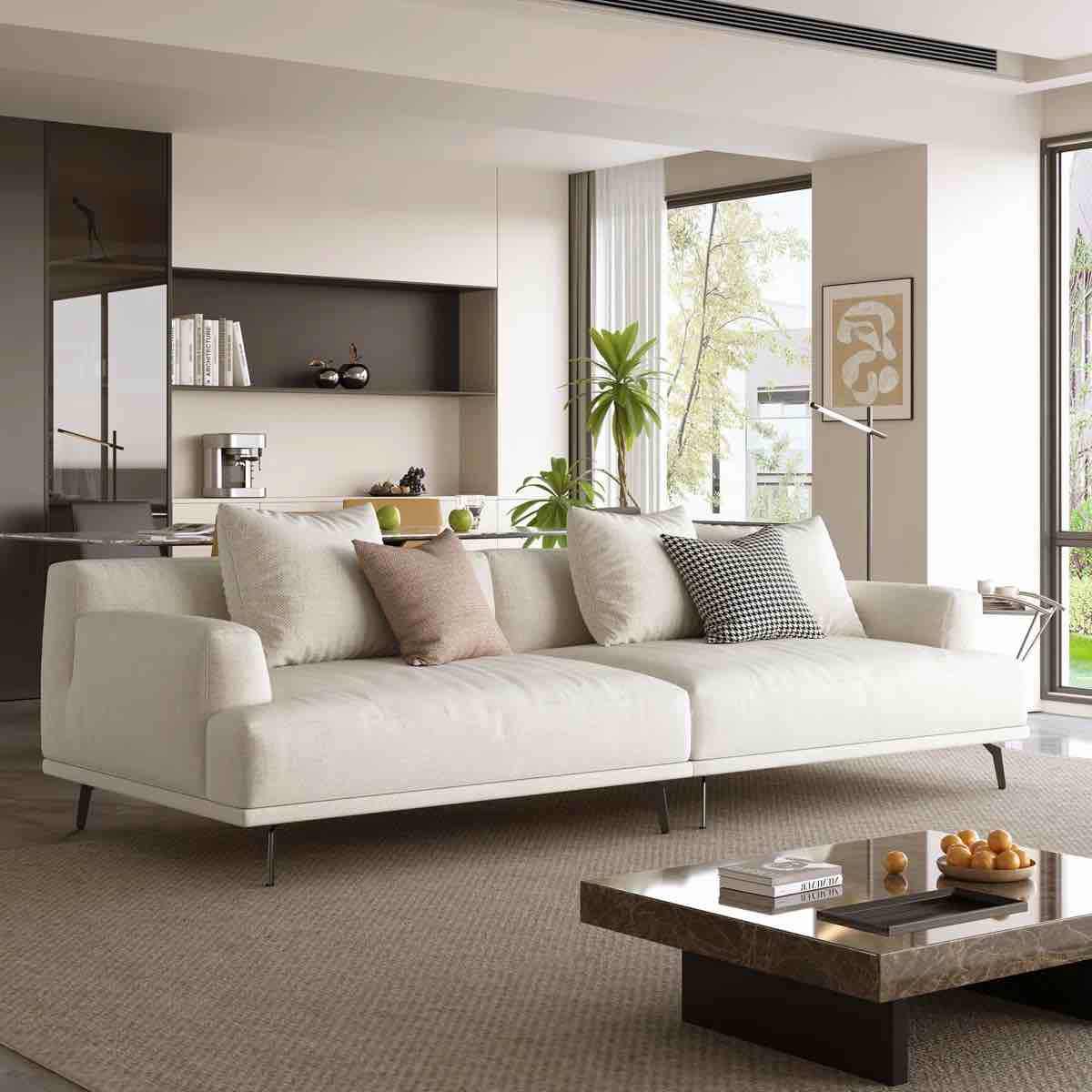 Reve Four-seater Cotton And Linen Sofa with pillows By Orren Ellis