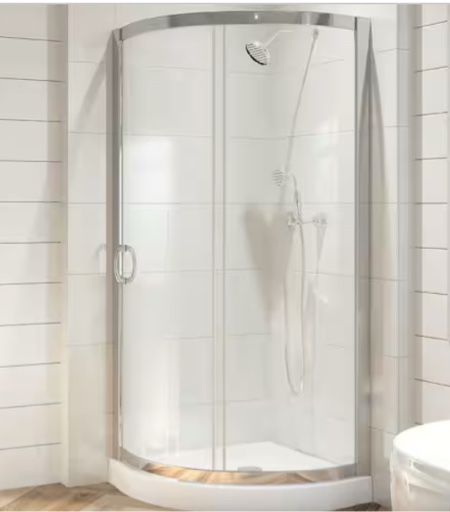 Brand New Breeze 32 in. L x 32 in. W x 76.97 in. H Corner Shower Kit with Clear Framed Sliding Door in Chrome and Shower Pan with Shower Walls and Built in Shelving! (Row 1)