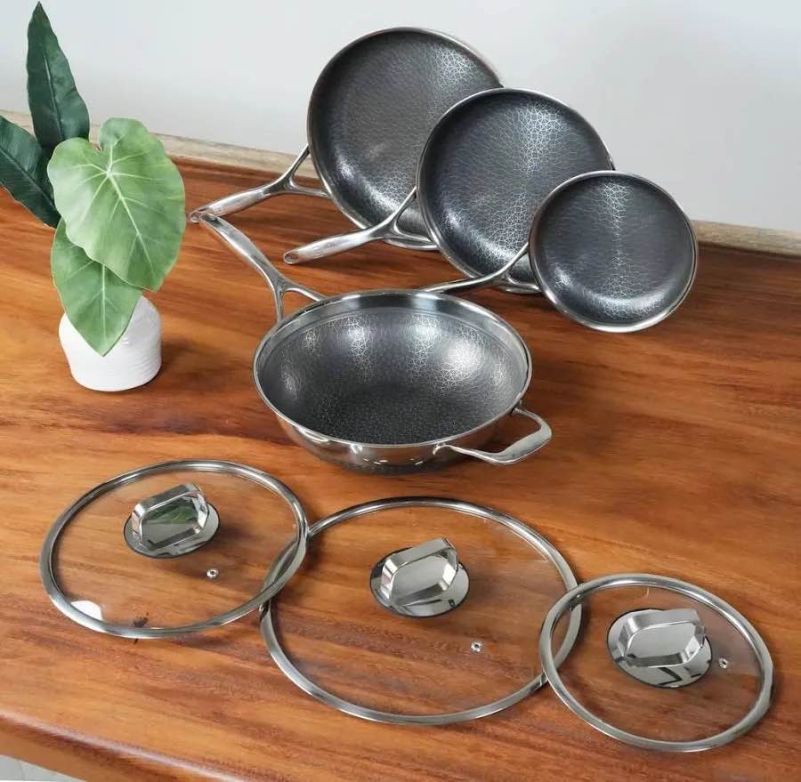 Hexclad Commercial 7 Piece Cookware Pan Set  Hybrid  Nonstick Tri-Ply  Stainless Steel