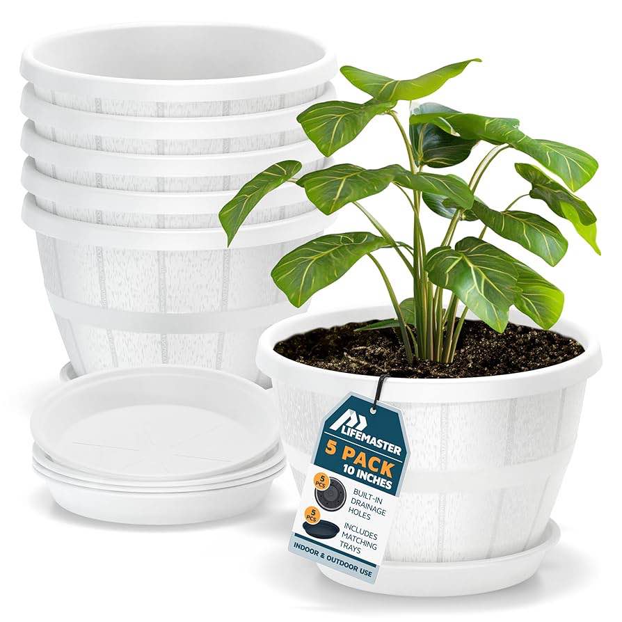10-Inch Whiskey Barrel Planters Outdoor Pack of 5 - Durable Plastic Plant Pots for Indoor & Outdoor Use with Drainage & Saucer, Lightweight Rustic Barrel Planters for Flowers, Herbs & Small Plants