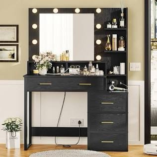 Makeup Vanity with Lights and Charging Station, Black Vanity Desk with Mirror and Lights, Makeup Table with 5 Drawers and Shelves, Vanity Mirror with Lights Desk, Black Wood Grain