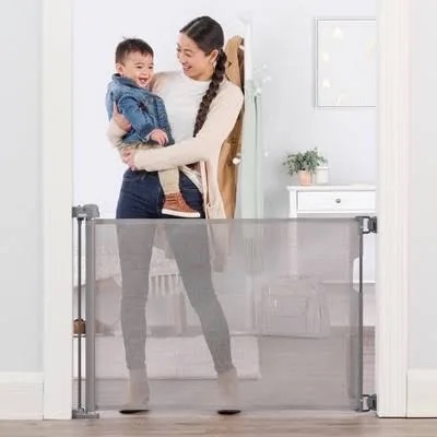 Retractable Baby Gates No Drill for Stairs Doorways Auto-Lock with Reinforced Strip Design to Prevent Crawling Through 33" 55'' Mesh Baby/Dog/Pet/Cat Gate Safety Double Locking for Hallways Kitchen