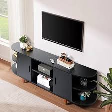 Farmhouse TV Stand for 65 70 inch TV, Black 63’’ Modern Mid Century Media Console, Entertainment Center with Storage 2 Cabinets Curved Design for Living Room, Office Furniture, Bedroom