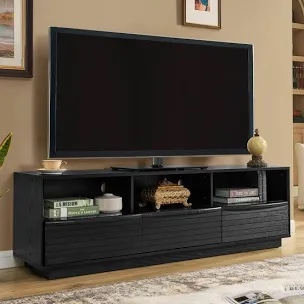 Farmhouse TV Stand for 65 70 inch TV, Black 63’’ Modern Mid Century Media Console, Entertainment Center with Storage 2 Cabinets Curved Design for Living Room, Office Furniture, Bedroom