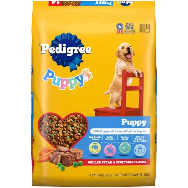 pedigree puppy growth & protection grilled steak & vegetable dry dog food for puppy  14 lb. bag