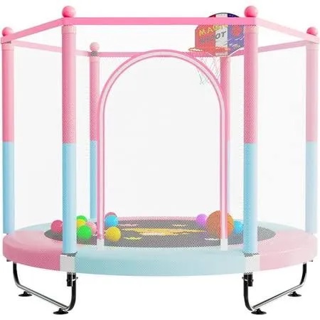 60" trampoline for kids, 5 ft toddler baby trampoline with safety enclosure net, indoor or outdoor pink/blue small trampolines with basketball hoop, birthday gifts for kids, gifts for girl age 3-8