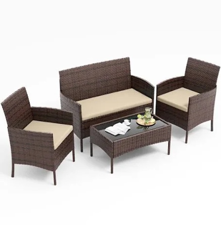 4-Person Wicker Outdoor Patio Conversation Set with Cushions and Coffee Table 