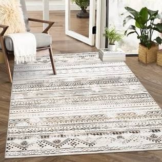 Area Rug Living Room Rugs - 8x10 Washable Large Soft Neutral Boho Moroccan Bohemian Farmhouse Rug Indoor Floor Carpet for Bedroom Under Dining Table Home Office Decor - Cream Brown