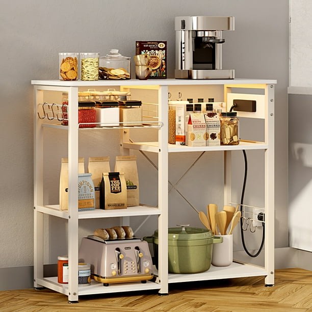SOGES Kitchen Microwave Oven Stand 3 Level Multi-Purpose Kitchen Baker Rack with USB Port, Light Strip, White